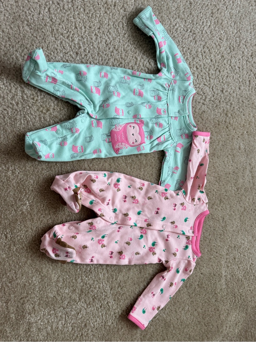 Mint and Pink Baby One-Piece Sleepers - Cozy Owl & Floral Prints